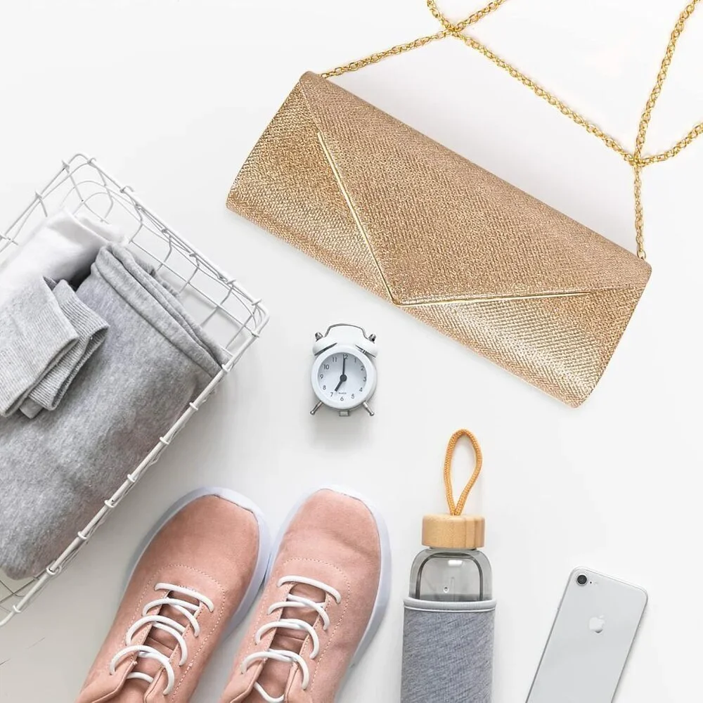 Women's Champagne Gold Sparkling Envelope Bag With Detachable Chain Clutch Purse